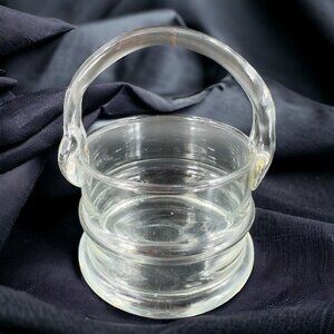 Vintage Mid Century Clear Glass Basket Vase Ice Bucket With Applied Handle VTG